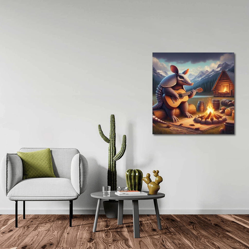 Armadillo-musician by the fire in the mountains: Harmony of nature and warmth