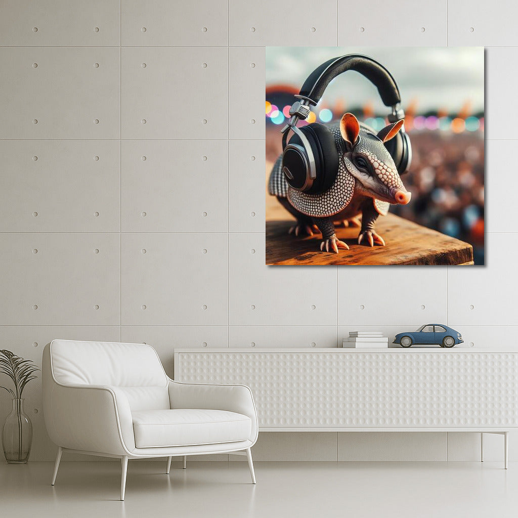 Armadillo in Headphones at Music Festival: Bright Interior Decor