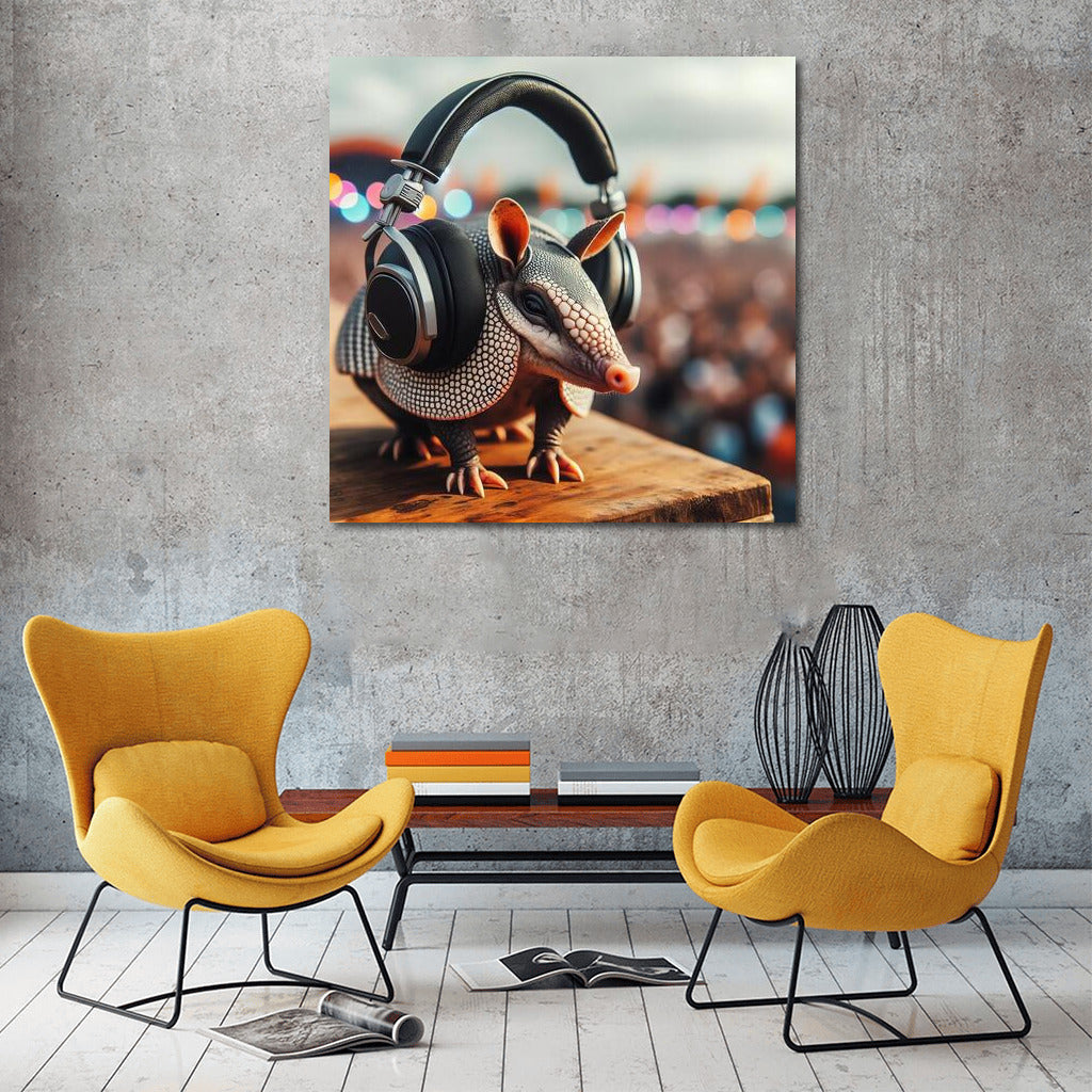 Armadillo in Headphones at Music Festival: Bright Interior Decor