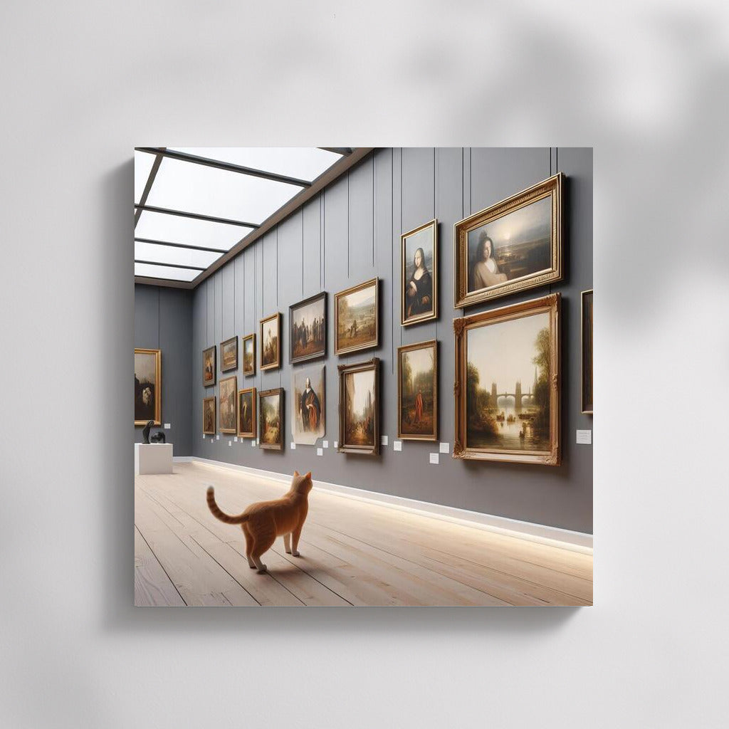 Connoisseur Cat in Minimalist Gallery: A Furry Take on Contemporary Art