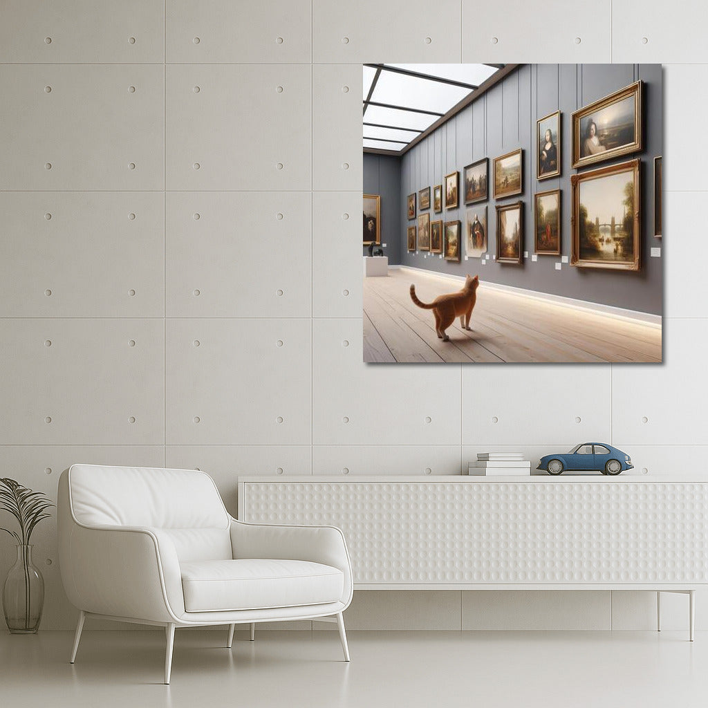 Connoisseur Cat in Minimalist Gallery: A Furry Take on Contemporary Art
