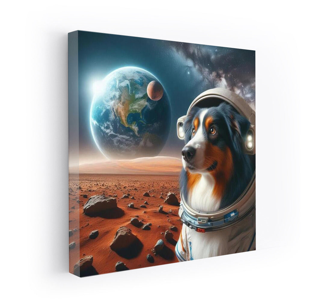 Space Travel: Australian Shepherd in Spacesuit on Mars Looks at Earth