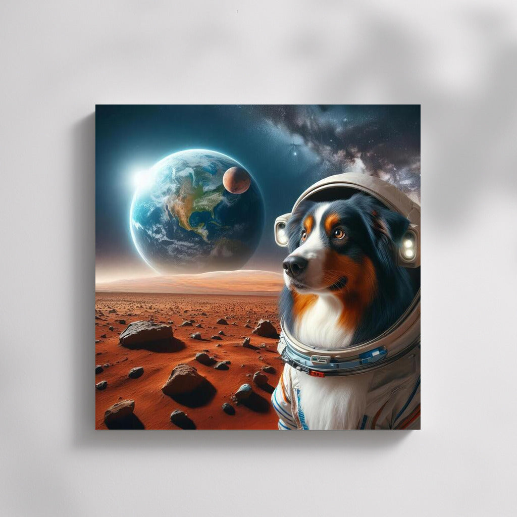 Space Travel: Australian Shepherd in Spacesuit on Mars Looks at Earth