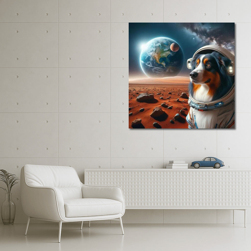 Space Travel: Australian Shepherd in Spacesuit on Mars Looks at Earth