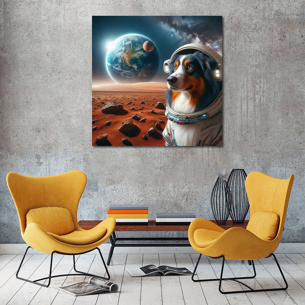 Space Travel: Australian Shepherd in Spacesuit on Mars Looks at Earth