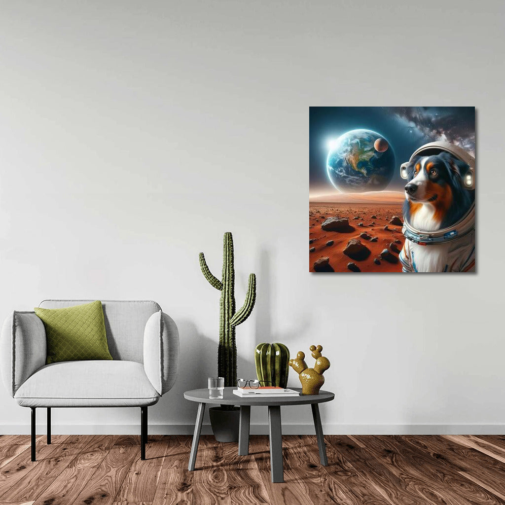 Space Travel: Australian Shepherd in Spacesuit on Mars Looks at Earth