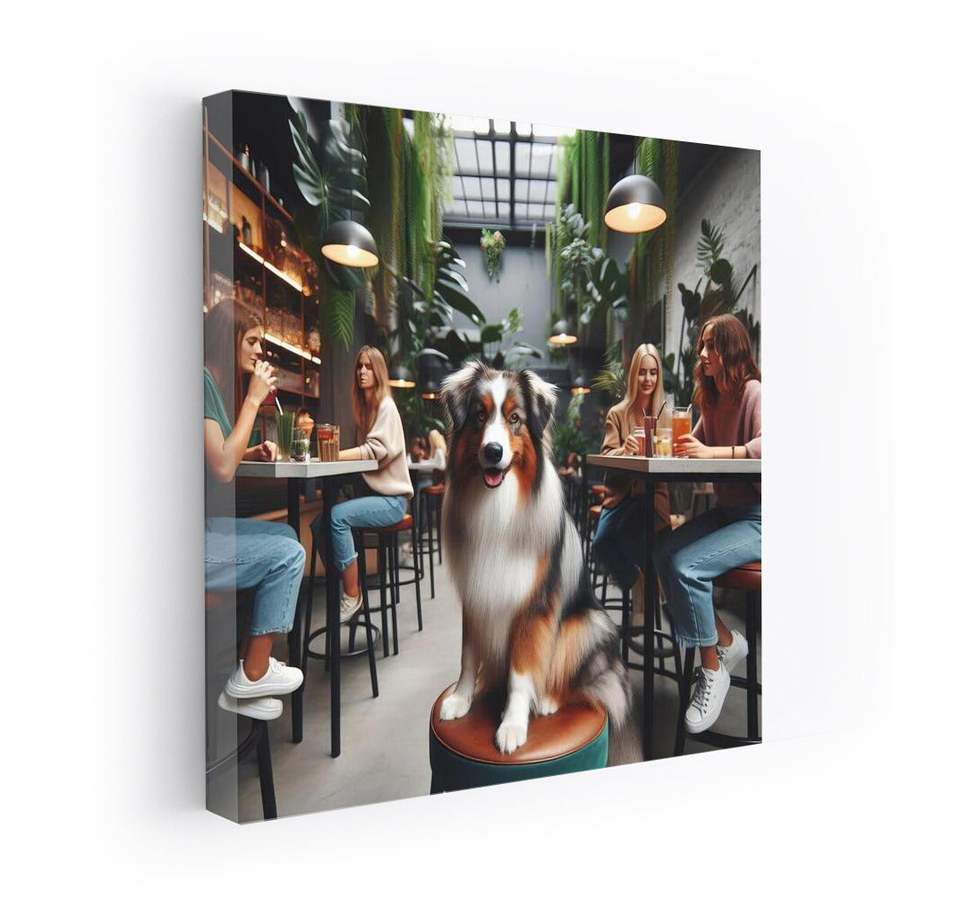 Australian Shepherd in Stylish Cafe: Charismatic Dog Among Greenery and Youth