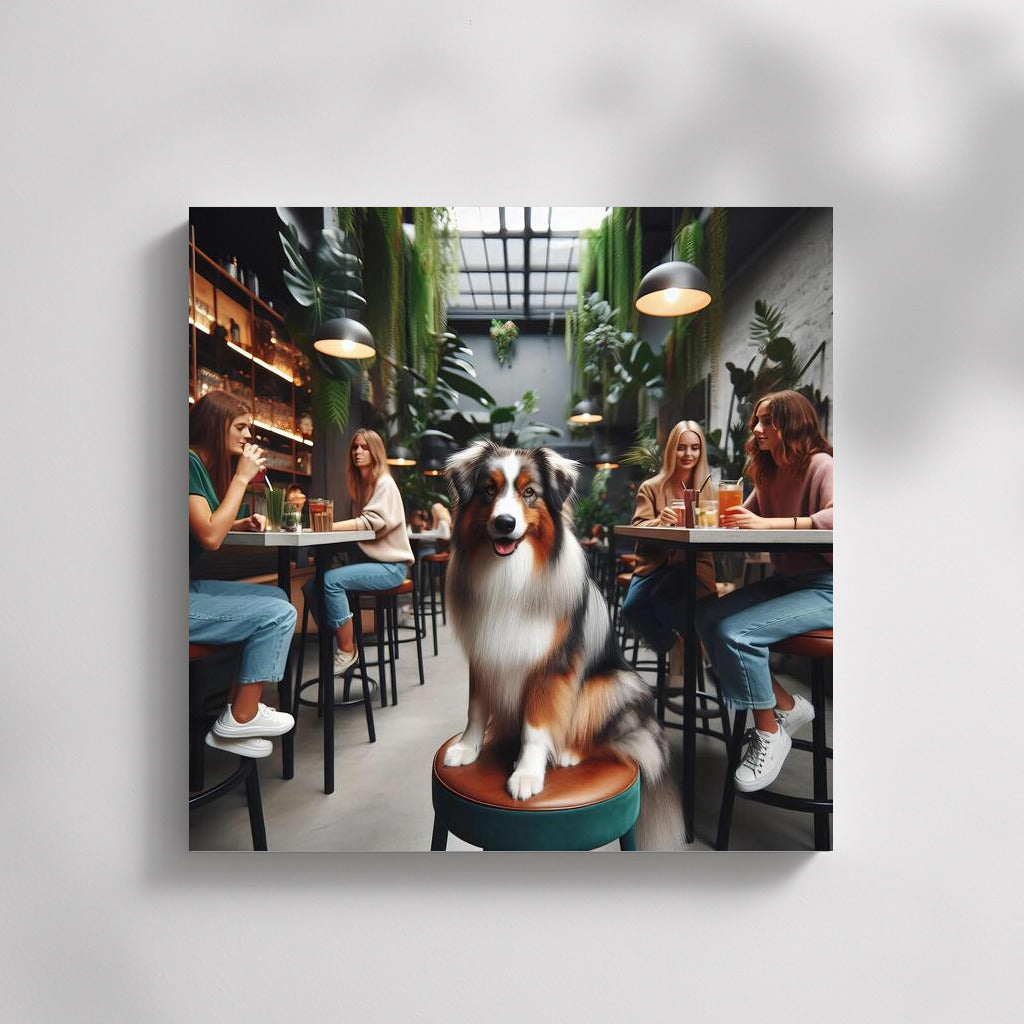 Australian Shepherd in Stylish Cafe: Charismatic Dog Among Greenery and Youth