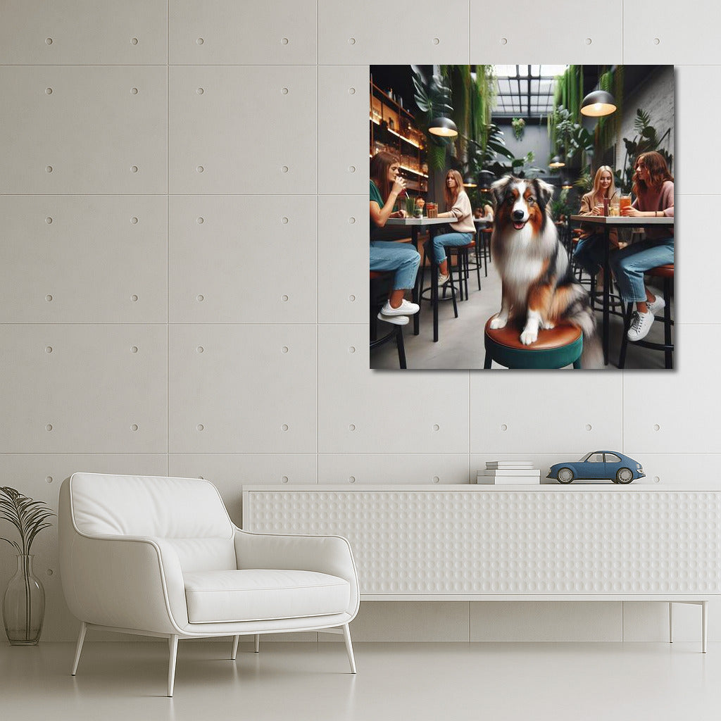 Australian Shepherd in Stylish Cafe: Charismatic Dog Among Greenery and Youth