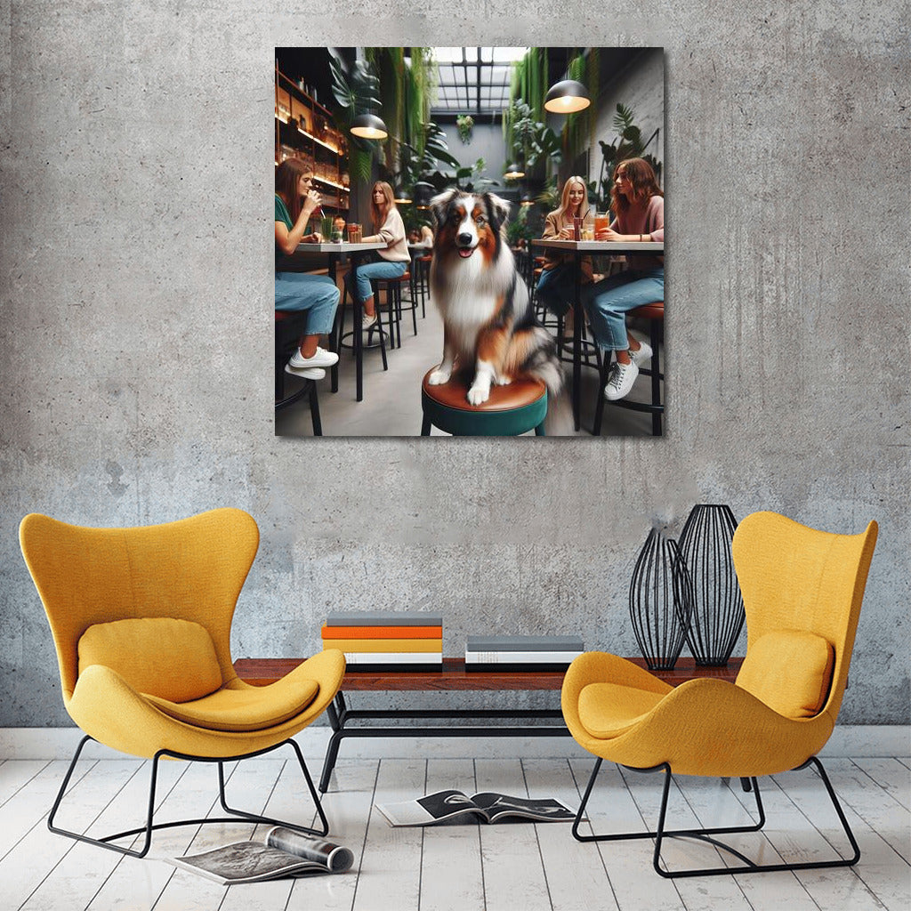 Australian Shepherd in Stylish Cafe: Charismatic Dog Among Greenery and Youth