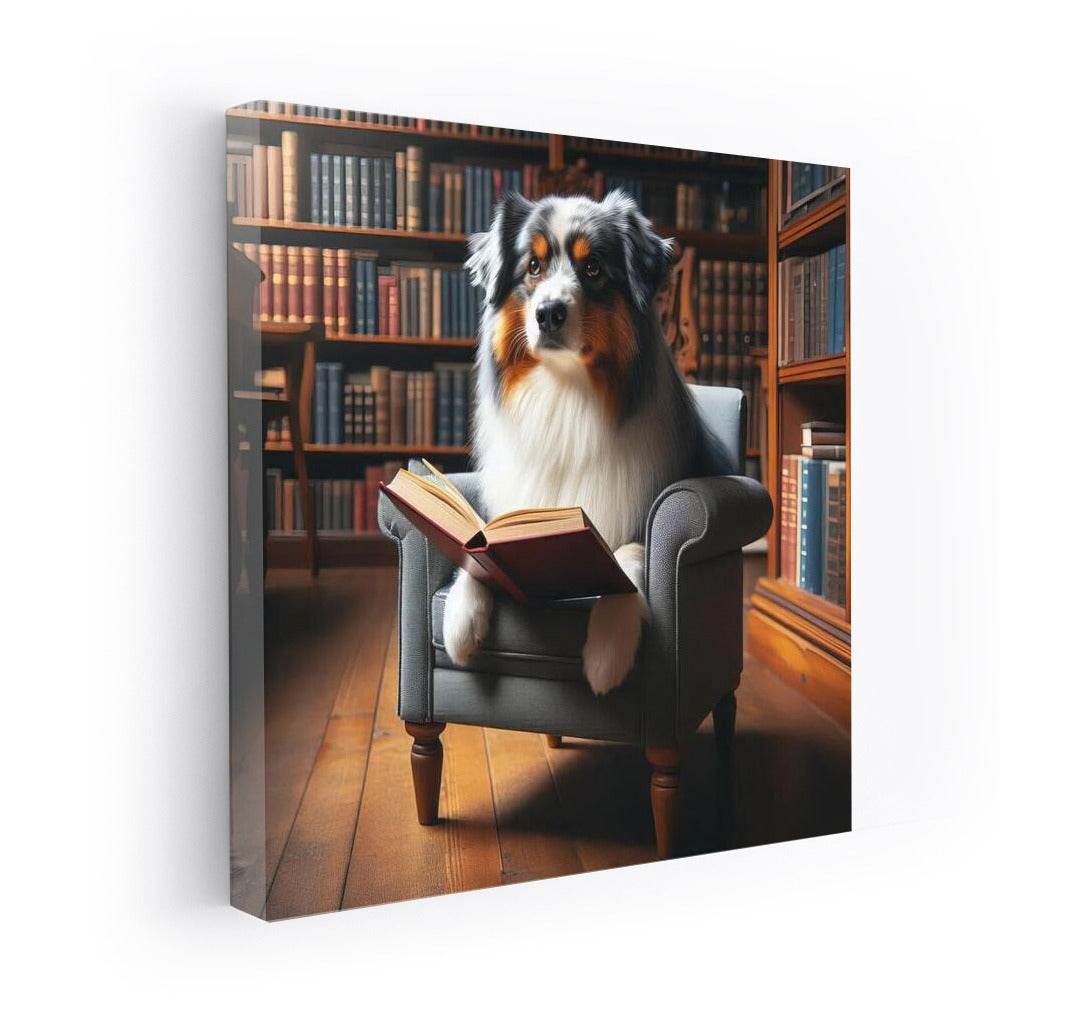 Smart Australian Shepherd in the Library: Reading on a Cozy Chair