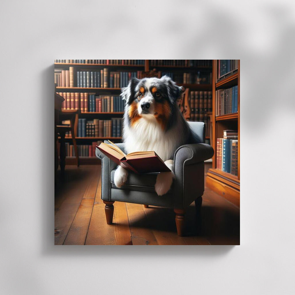 Smart Australian Shepherd in the Library: Reading on a Cozy Chair