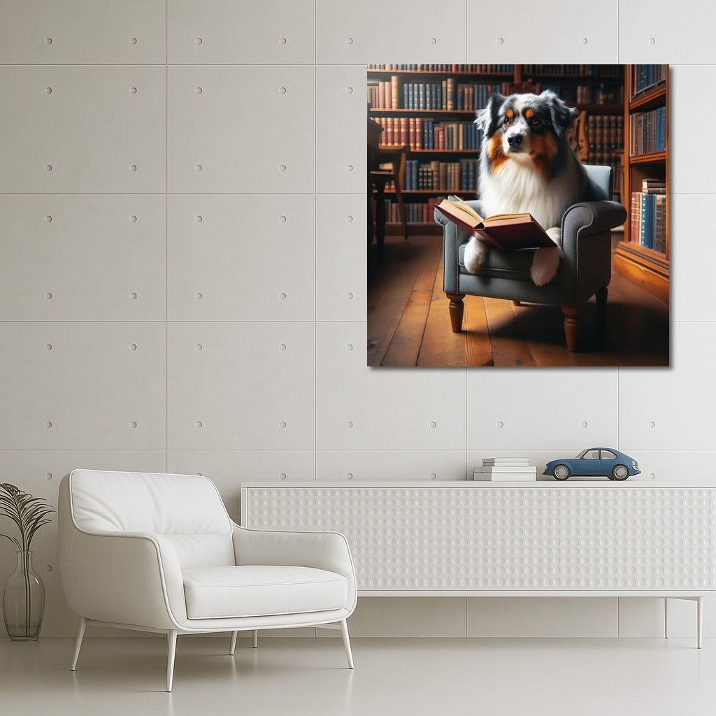 Smart Australian Shepherd in the Library: Reading on a Cozy Chair