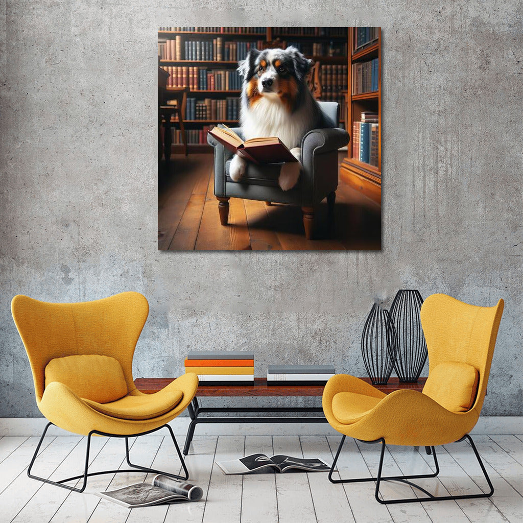 Smart Australian Shepherd in the Library: Reading on a Cozy Chair
