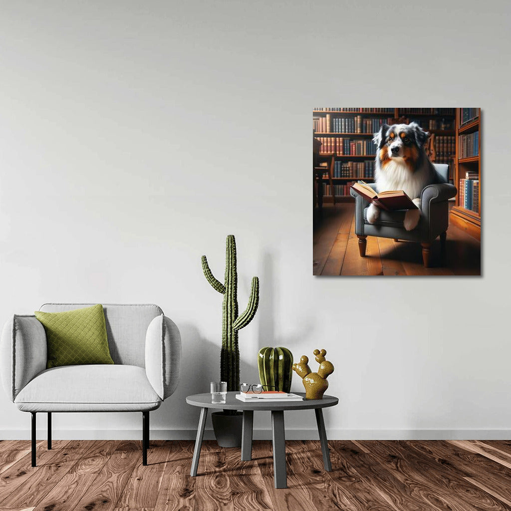 Smart Australian Shepherd in the Library: Reading on a Cozy Chair