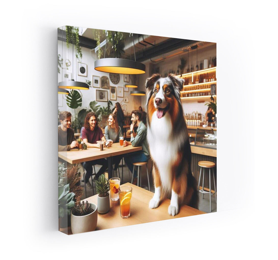 Australian Shepherd in a Stylish Cafe: Greenery and City Life