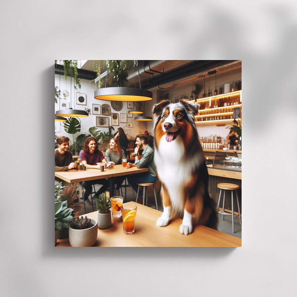 Australian Shepherd in a Stylish Cafe: Greenery and City Life