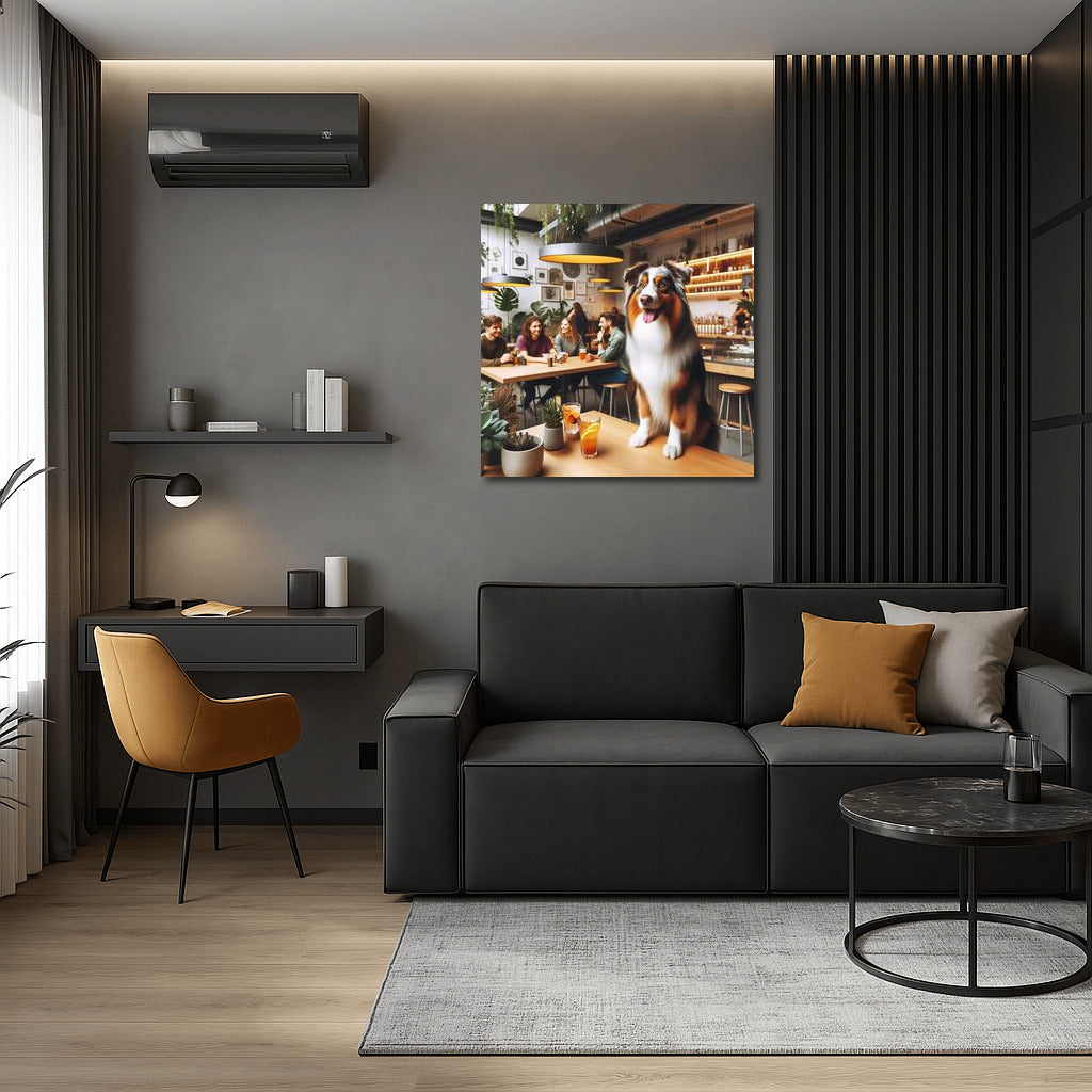 Australian Shepherd in a Stylish Cafe: Greenery and City Life