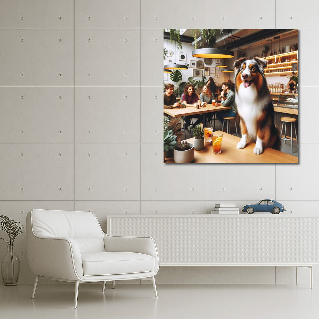 Australian Shepherd in a Stylish Cafe: Greenery and City Life