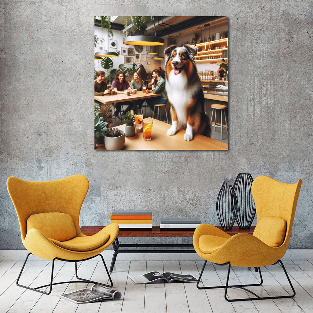 Australian Shepherd in a Stylish Cafe: Greenery and City Life