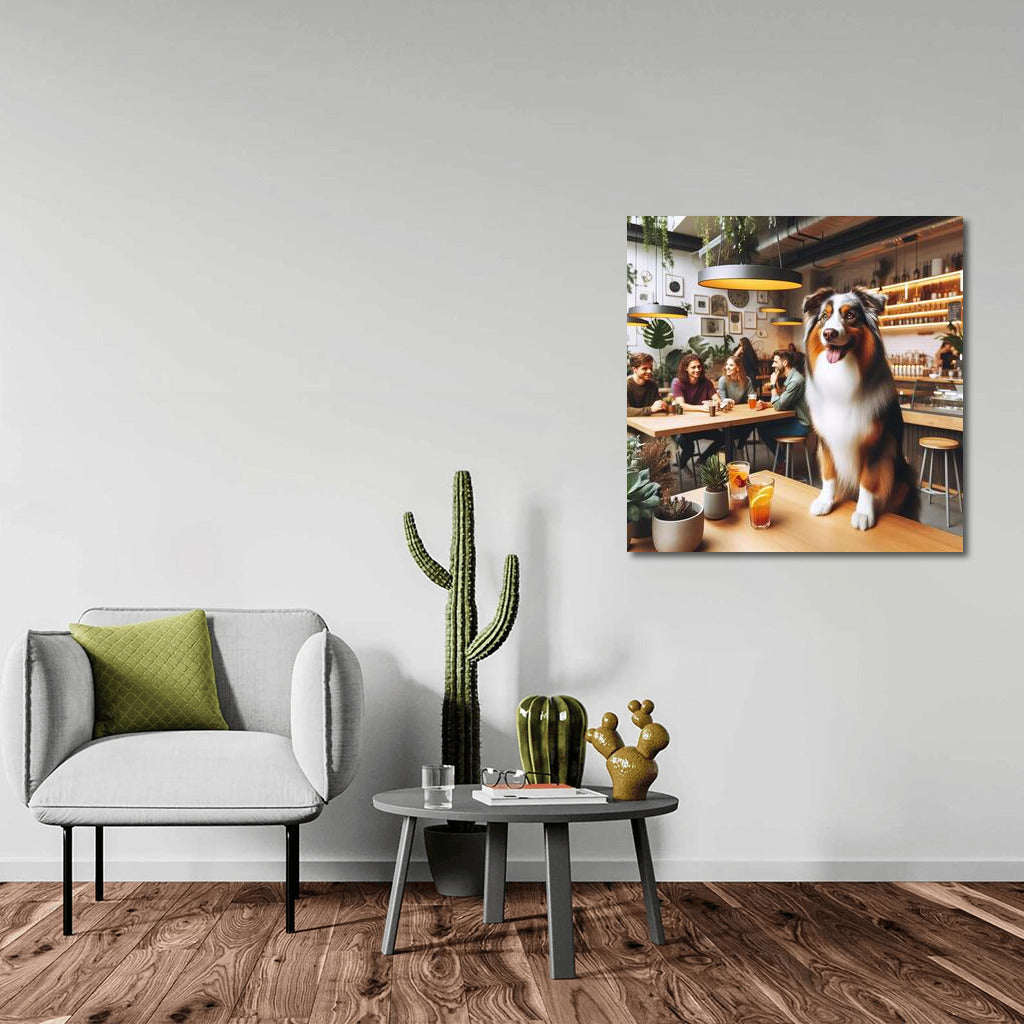 Australian Shepherd in a Stylish Cafe: Greenery and City Life