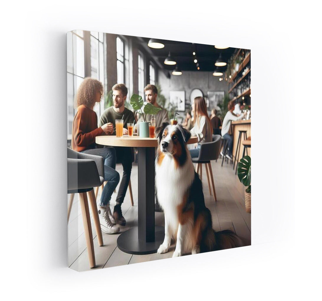 Australian Shepherd in a stylish cafe: coziness and drinks surrounded by greenery