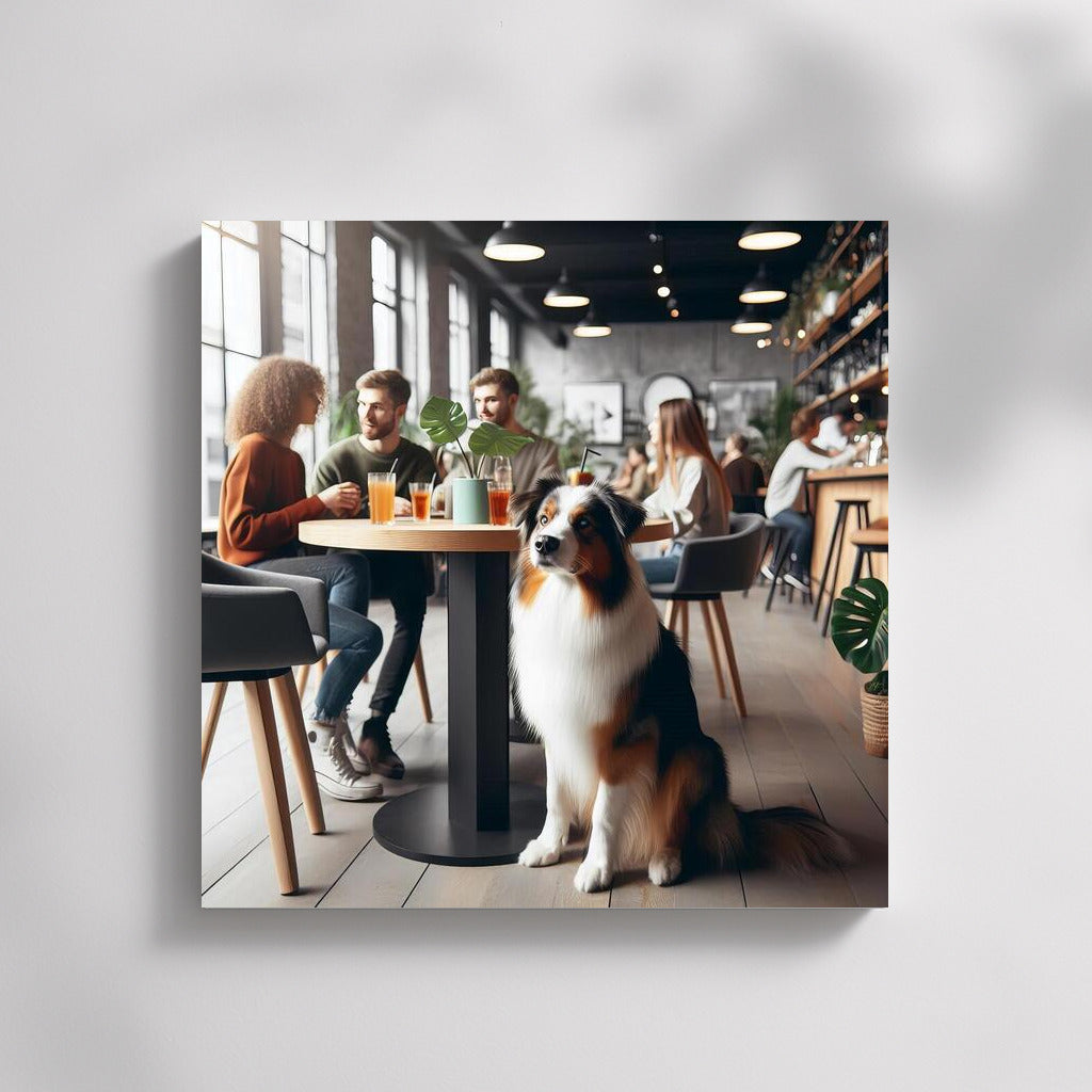 Australian Shepherd in a stylish cafe: coziness and drinks surrounded by greenery