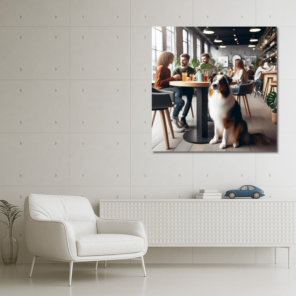 Australian Shepherd in a stylish cafe: coziness and drinks surrounded by greenery