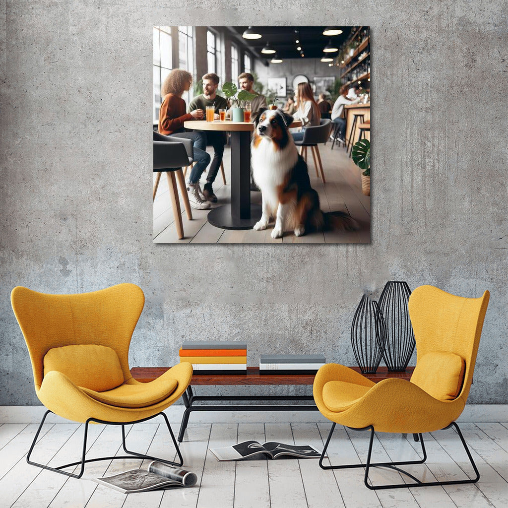 Australian Shepherd in a stylish cafe: coziness and drinks surrounded by greenery