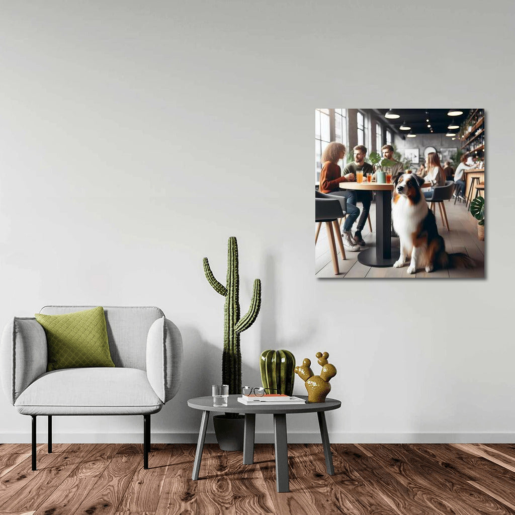 Australian Shepherd in a stylish cafe: coziness and drinks surrounded by greenery