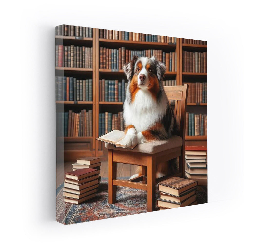 Australian Shepherd in the Library: Reading on a Small Chair
