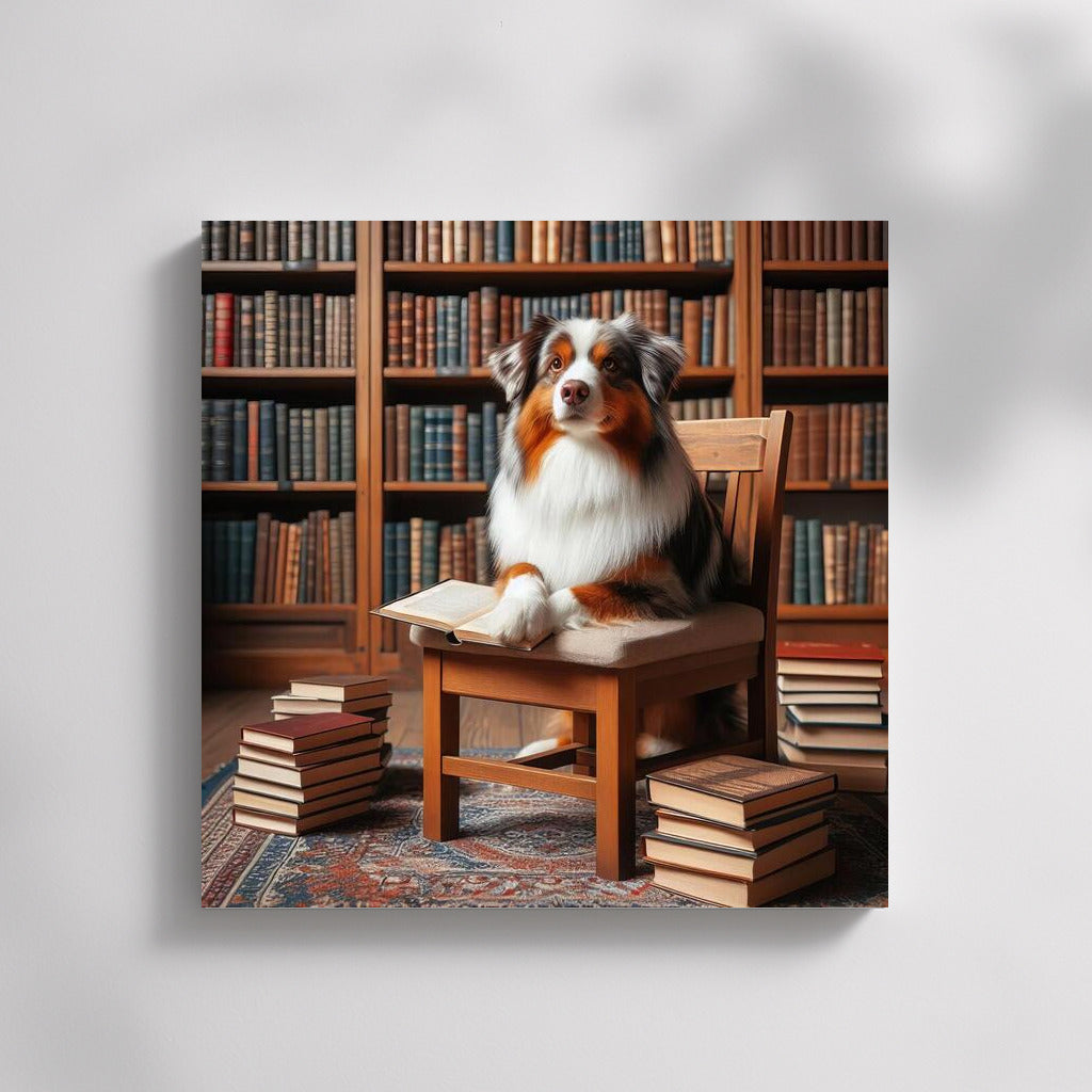 Australian Shepherd in the Library: Reading on a Small Chair
