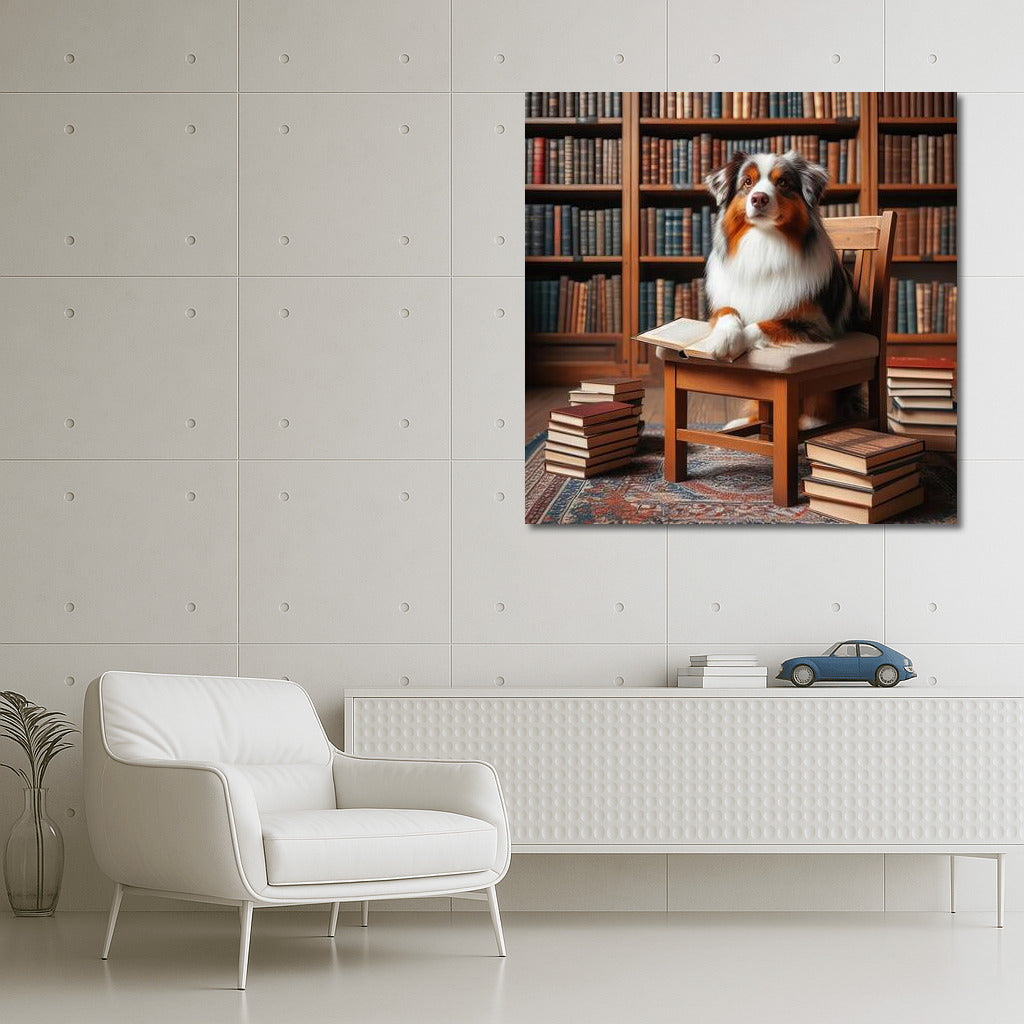 Australian Shepherd in the Library: Reading on a Small Chair