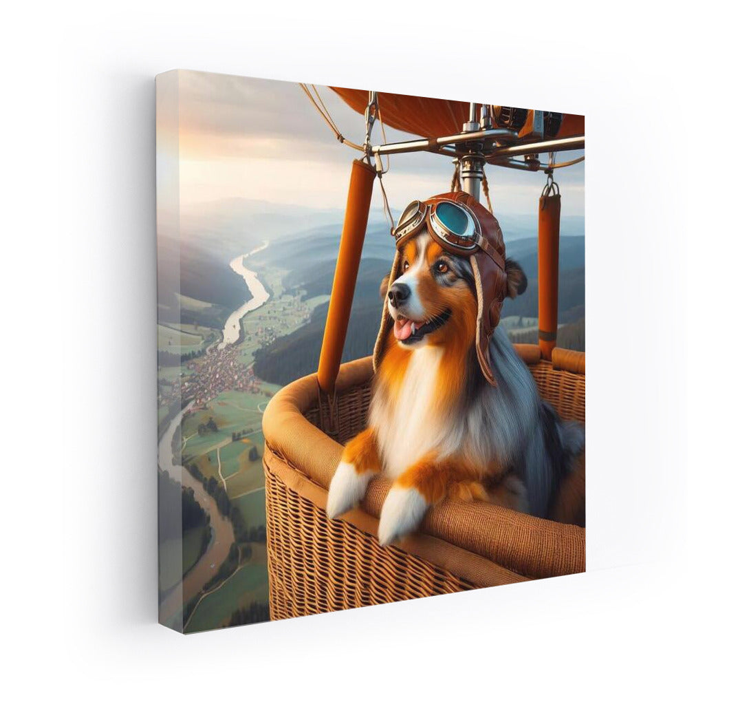 Australian Shepherd Wearing Aviator Helmet In Hot Air Balloon: Flying Over Picturesque Landscape
