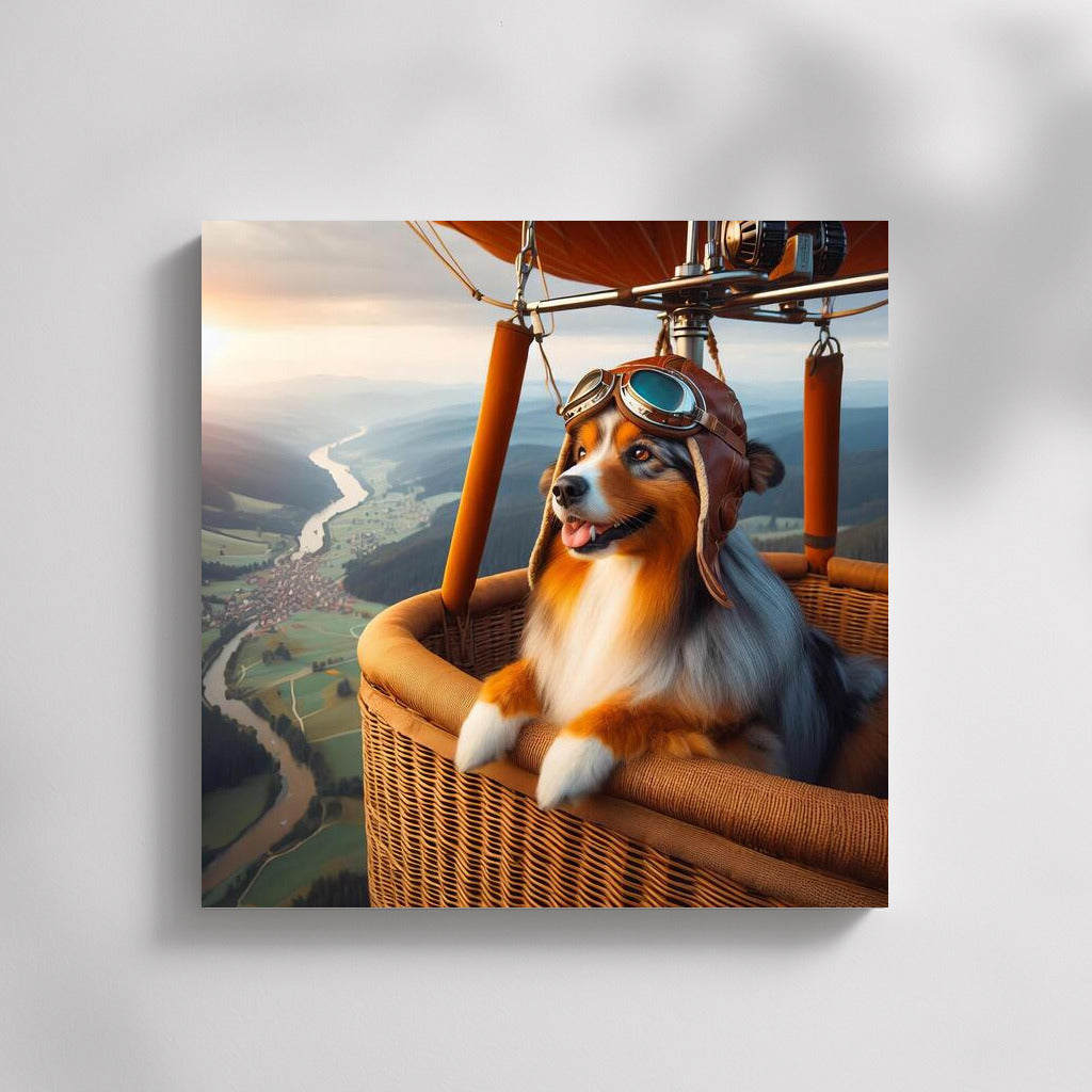Australian Shepherd Wearing Aviator Helmet In Hot Air Balloon: Flying Over Picturesque Landscape