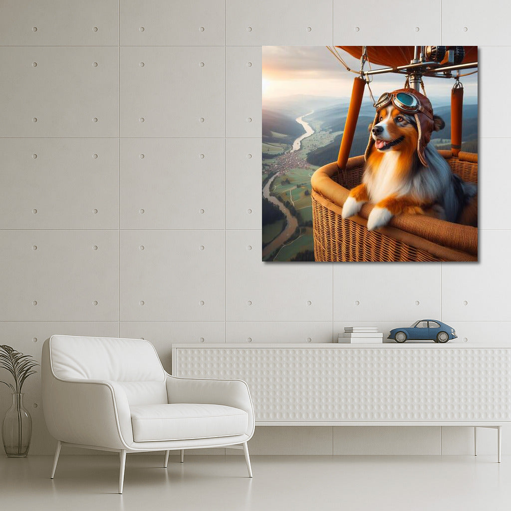 Australian Shepherd Wearing Aviator Helmet In Hot Air Balloon: Flying Over Picturesque Landscape