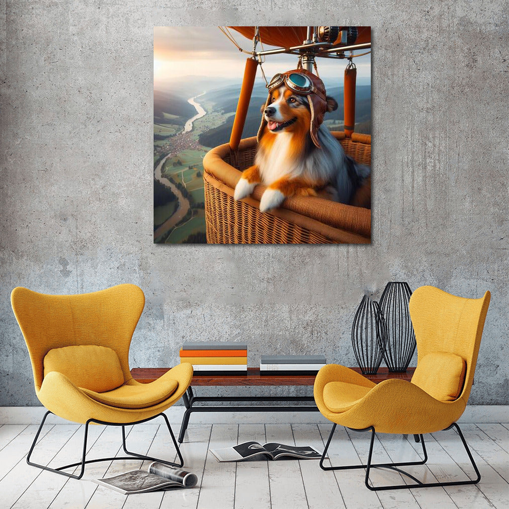 Australian Shepherd Wearing Aviator Helmet In Hot Air Balloon: Flying Over Picturesque Landscape