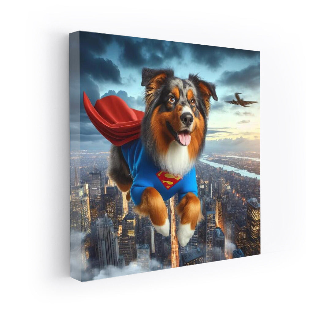 Australian Shepherd Superhero: Flying Over the City