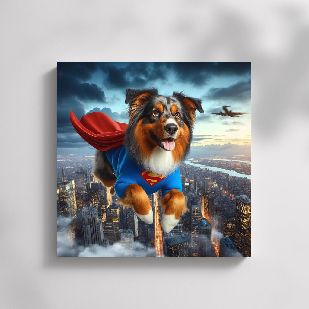 Australian Shepherd Superhero: Flying Over the City