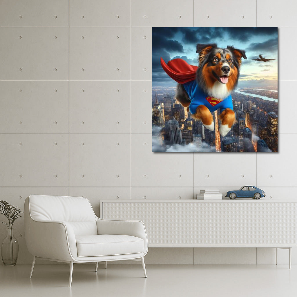 Australian Shepherd Superhero: Flying Over the City