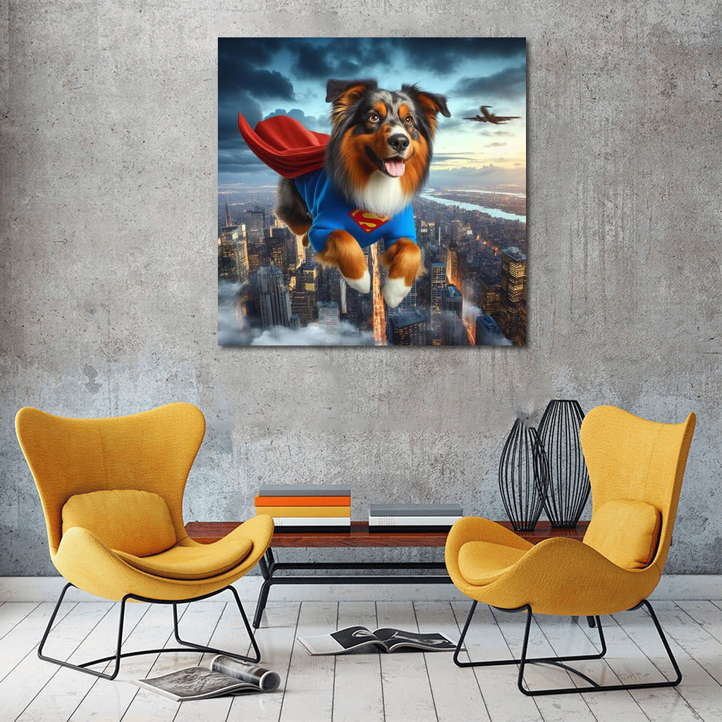 Australian Shepherd Superhero: Flying Over the City