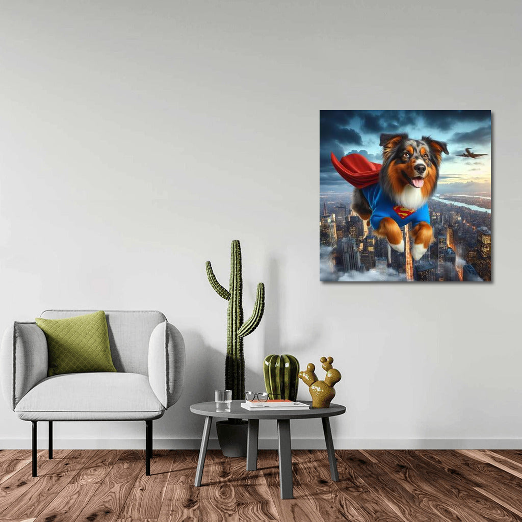 Australian Shepherd Superhero: Flying Over the City