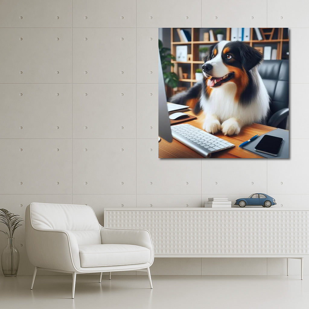 Hardworking Australian Shepherd at His Desk