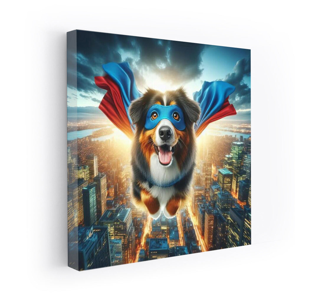 Australian Shepherd Superhero: City Savior in Flight