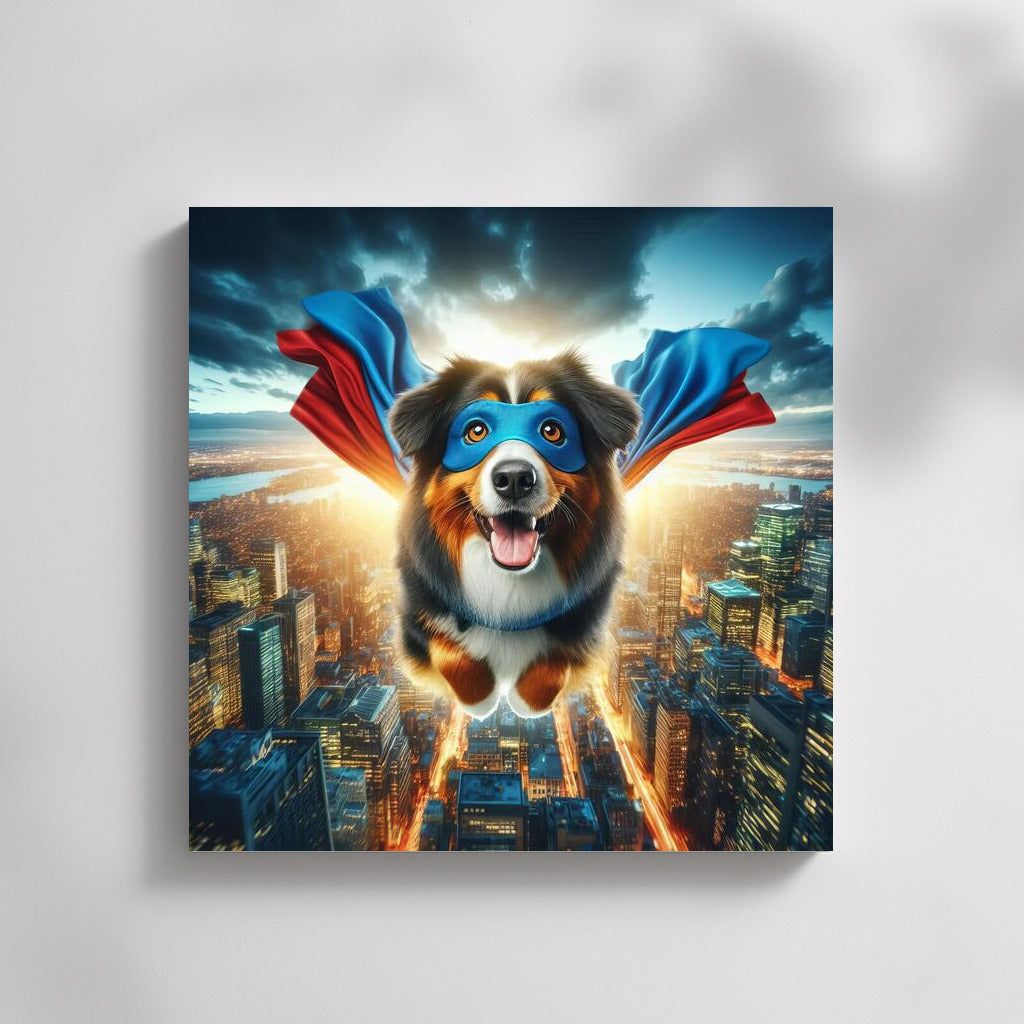 Australian Shepherd Superhero: City Savior in Flight