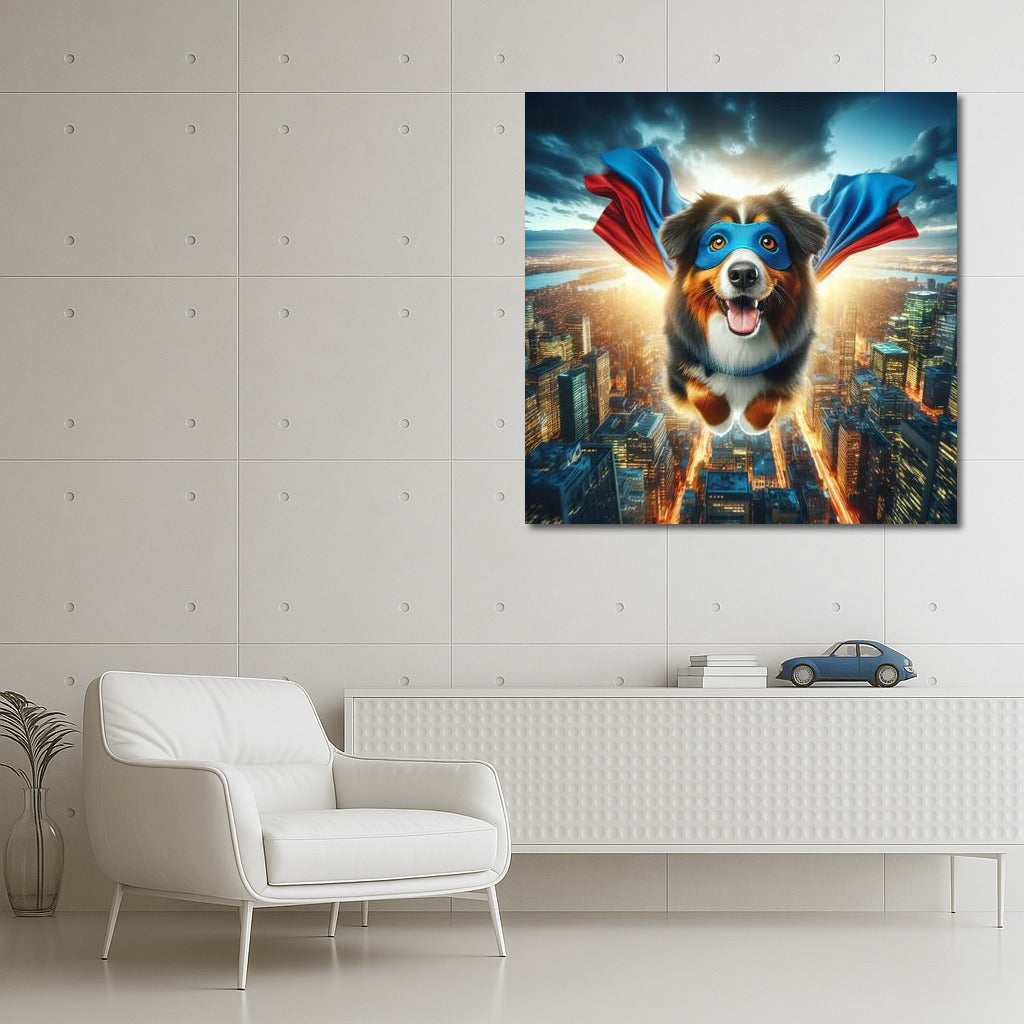 Australian Shepherd Superhero: City Savior in Flight