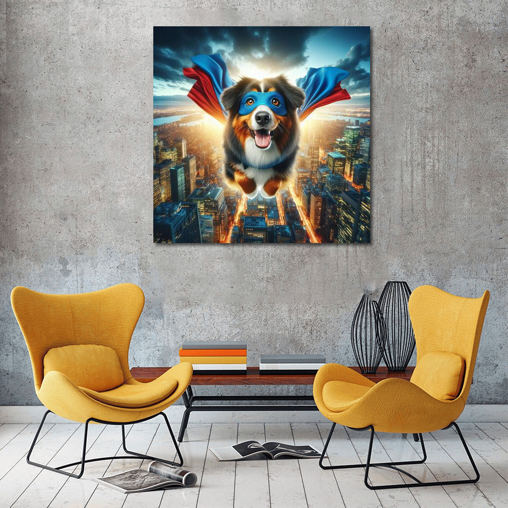 Australian Shepherd Superhero: City Savior in Flight