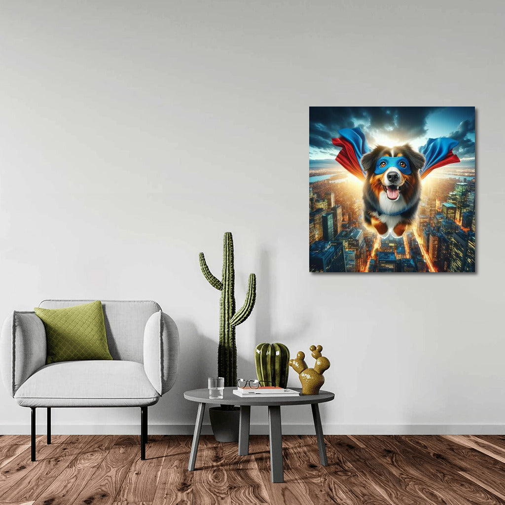 Australian Shepherd Superhero: City Savior in Flight