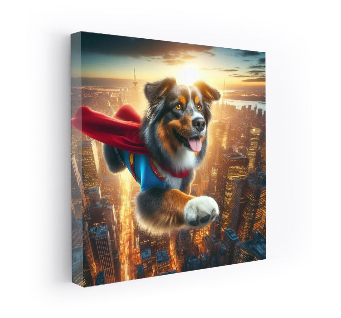 Superhero Flight: Australian Shepherd in a Cape Over the City
