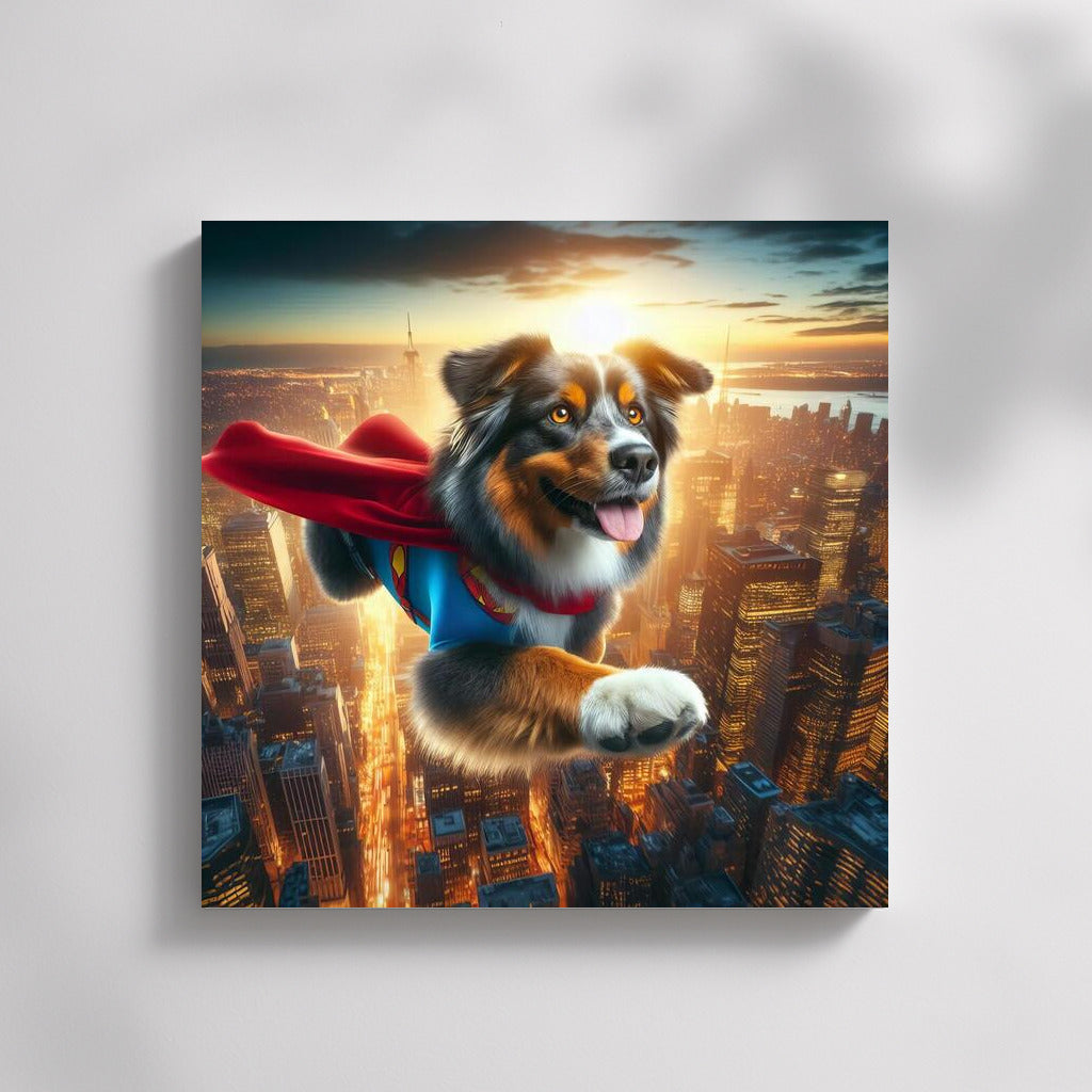 Superhero Flight: Australian Shepherd in a Cape Over the City